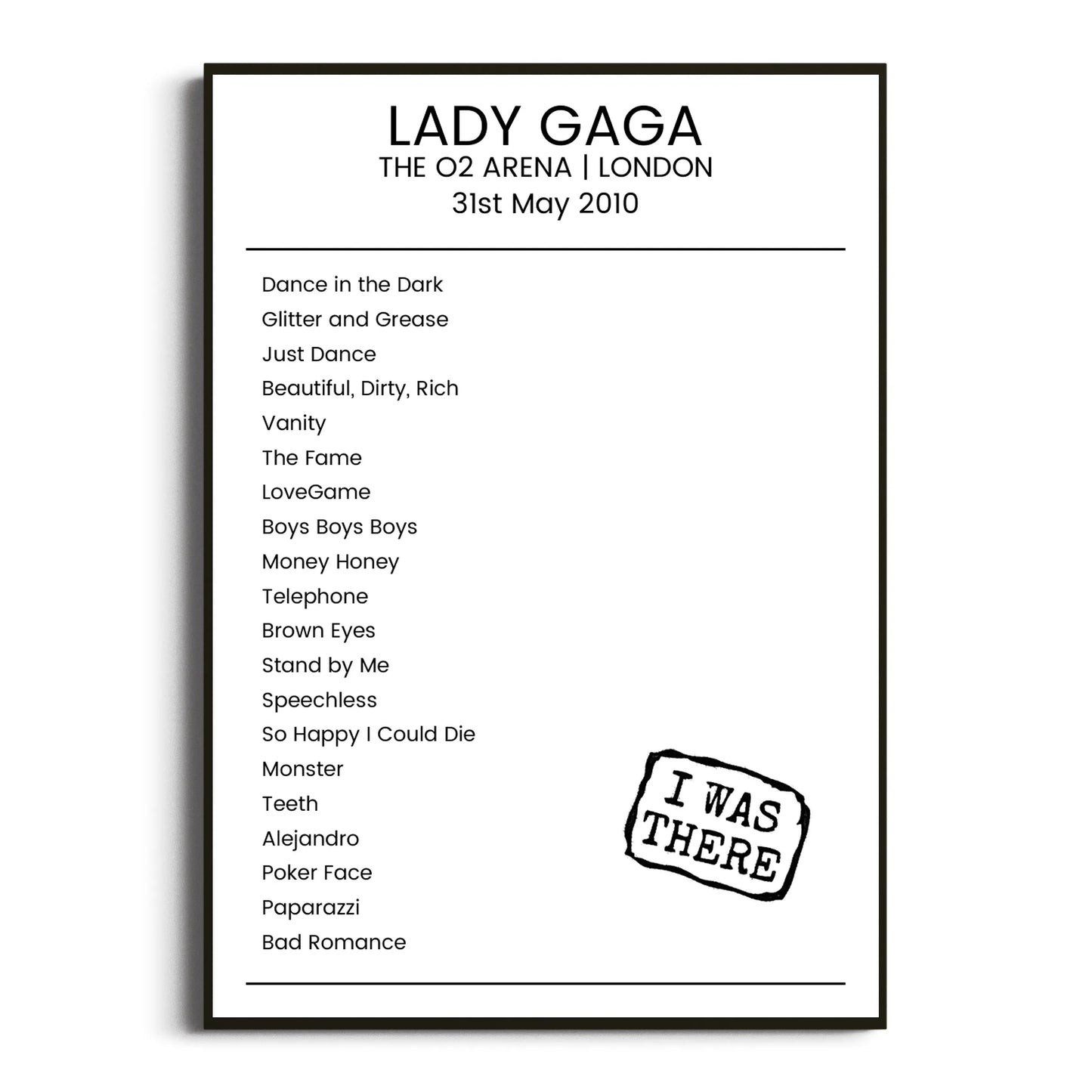 Lady Gaga London 31 May 2010 Setlist Poster