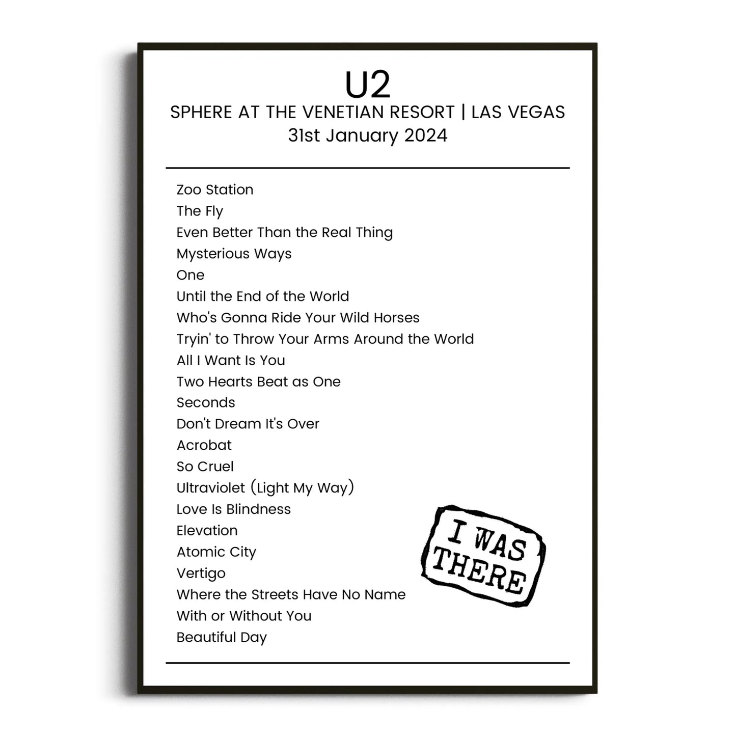 U2 Las Vegas 31 January 2024 Setlist Poster