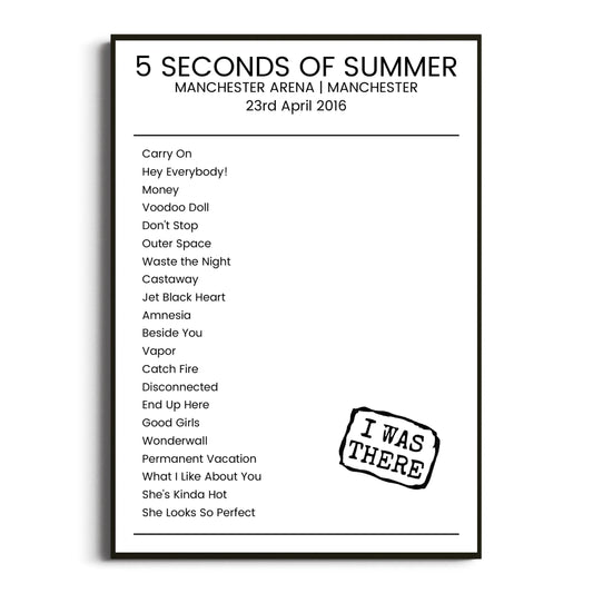 5 Seconds of Summer Manchester 23 April 2016 Setlist Poster