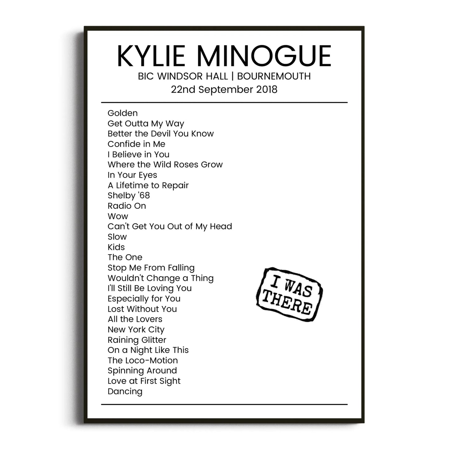 Kylie Minogue Bournemouth 22 September 2018 Setlist Poster