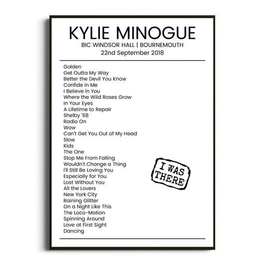 Kylie Minogue Bournemouth 22 September 2018 Setlist Poster