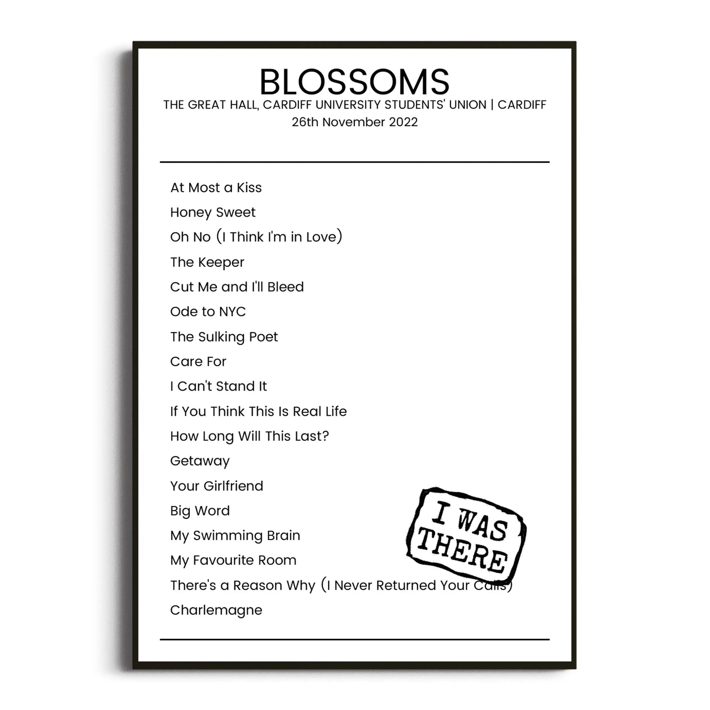 Blossoms Cardiff 26 November 2022 Setlist Poster