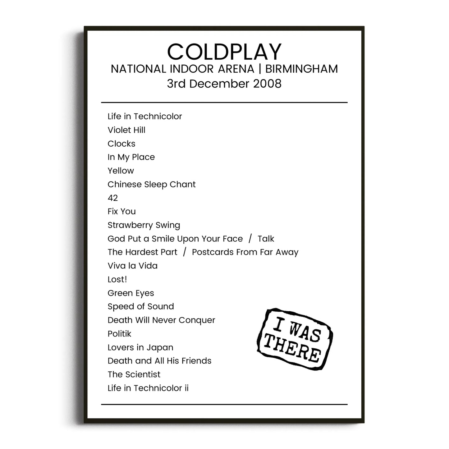 Coldplay Birmingham 03 December 2008 Setlist Poster