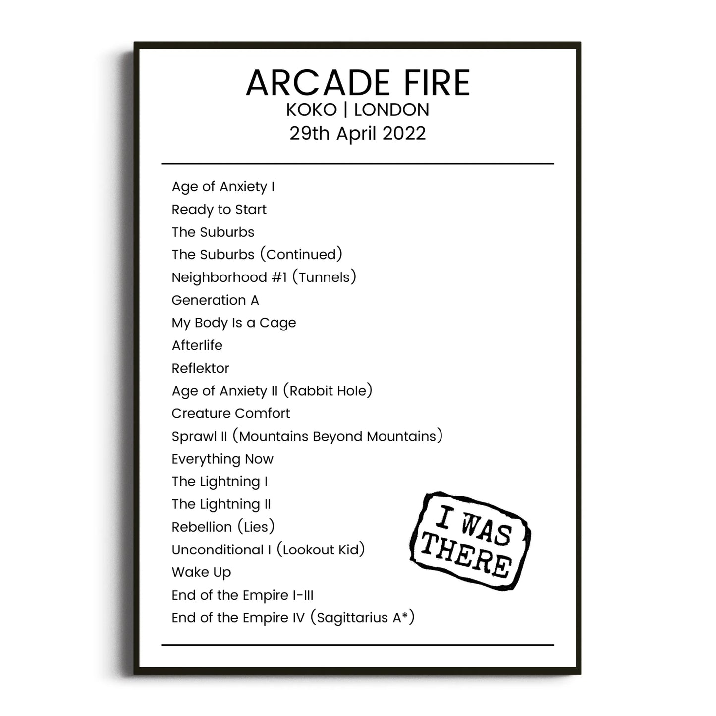 Arcade Fire London 29 April 2022 Setlist Poster