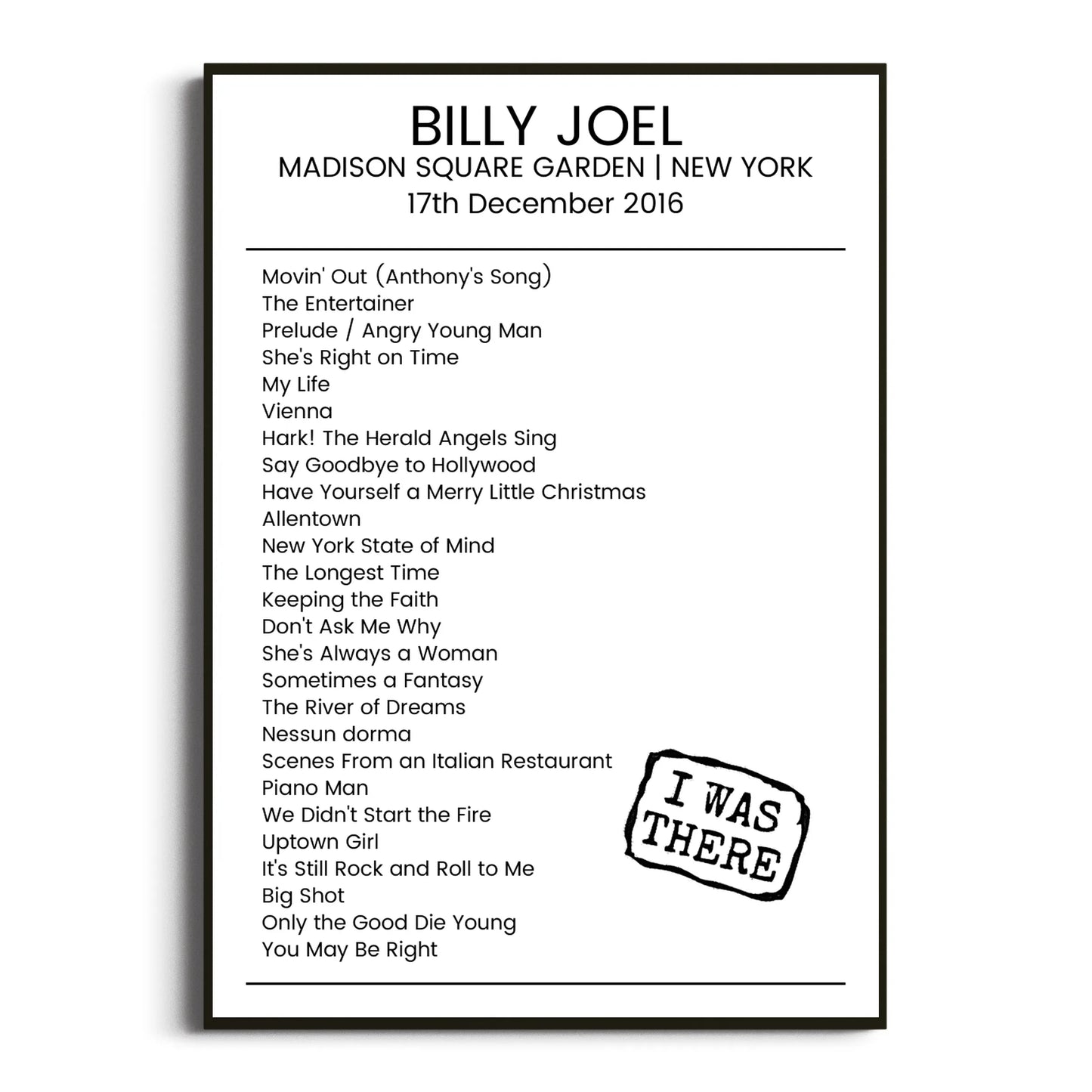 Billy Joel New York 17 December 2016 Setlist Poster