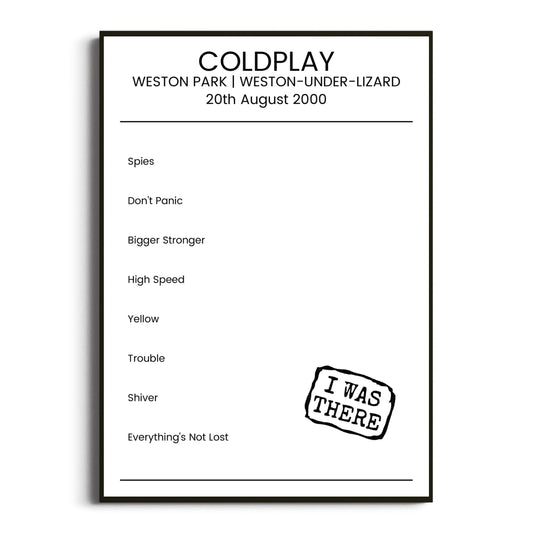 Coldplay Weston-under-Lizard 20 August 2000 Setlist Poster