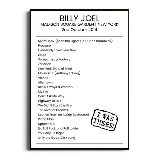 Billy Joel New York 02 October 2014 Setlist Poster