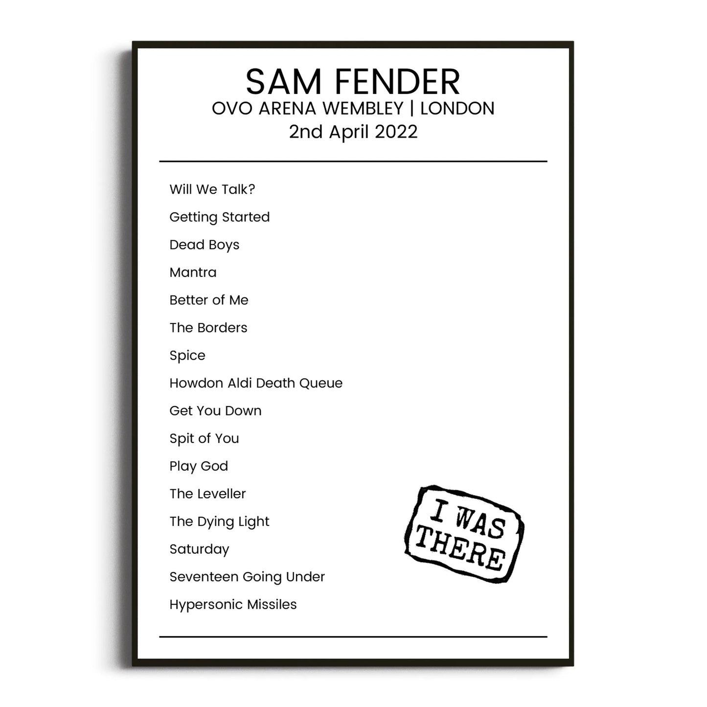 Sam Fender London 02 April 2022 Setlist Poster