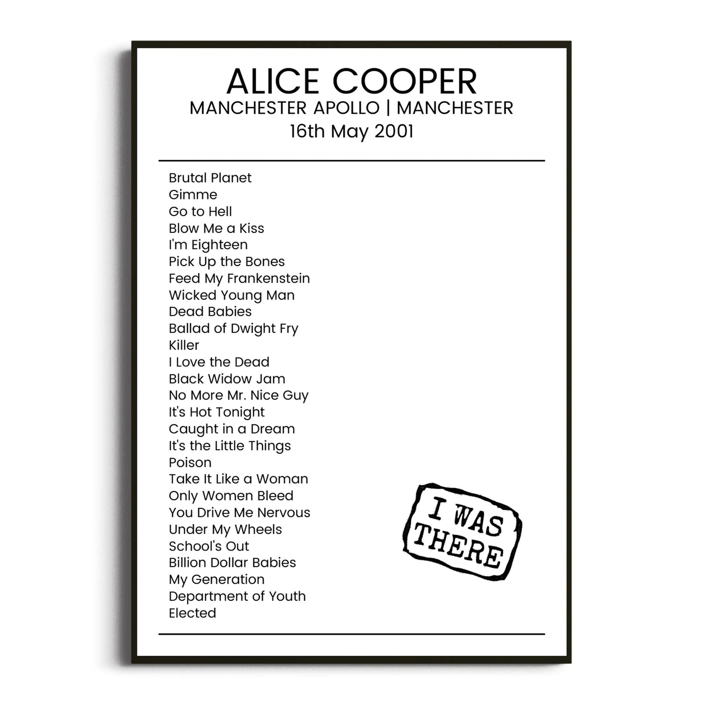 Alice Cooper Manchester 16 May 2001 Setlist Poster