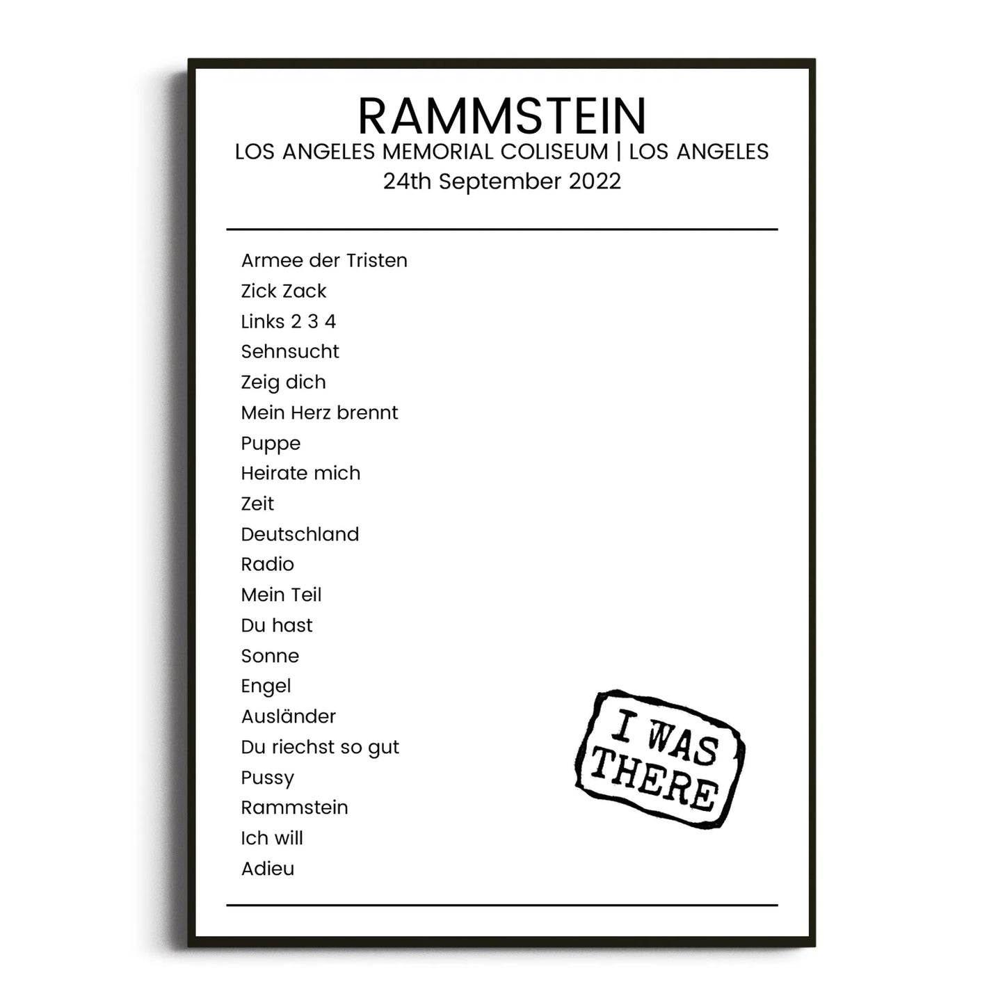 Rammstein Los Angeles 24 September 2022 Setlist Poster