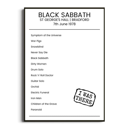 Black Sabbath Bradford 07 June 1978 Setlist Poster