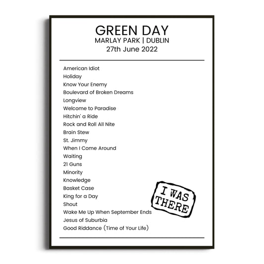 Green Day Dublin 27 June 2022 Setlist Poster