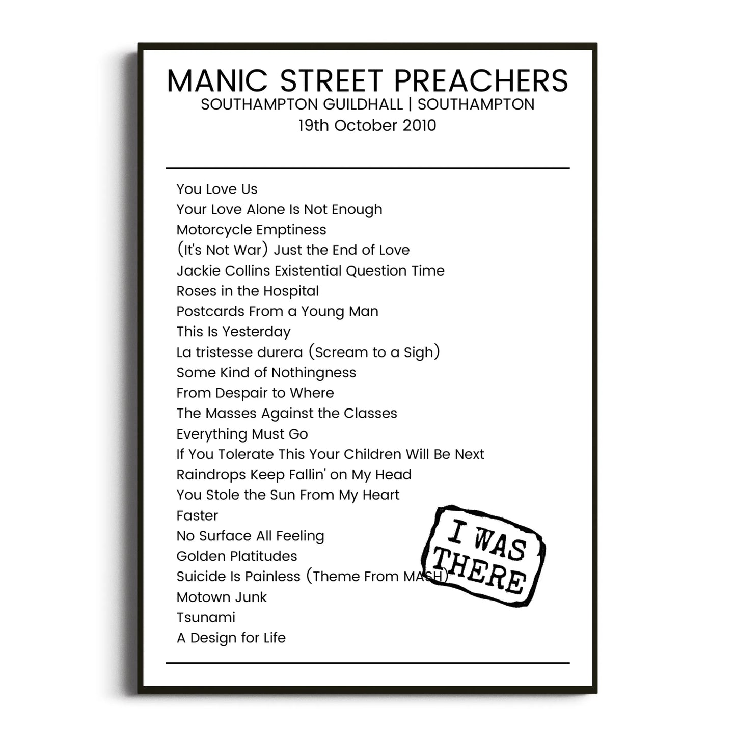 Manic Street Preachers Southampton 19 October 2010 Setlist Poster