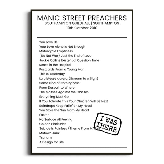 Manic Street Preachers Southampton 19 October 2010 Setlist Poster