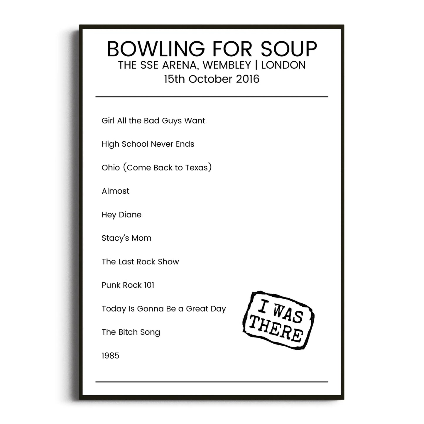 Bowling for Soup London 15 October 2016 Setlist Poster