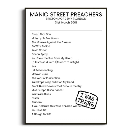 Manic Street Preachers London 31 March 2001 Setlist Poster