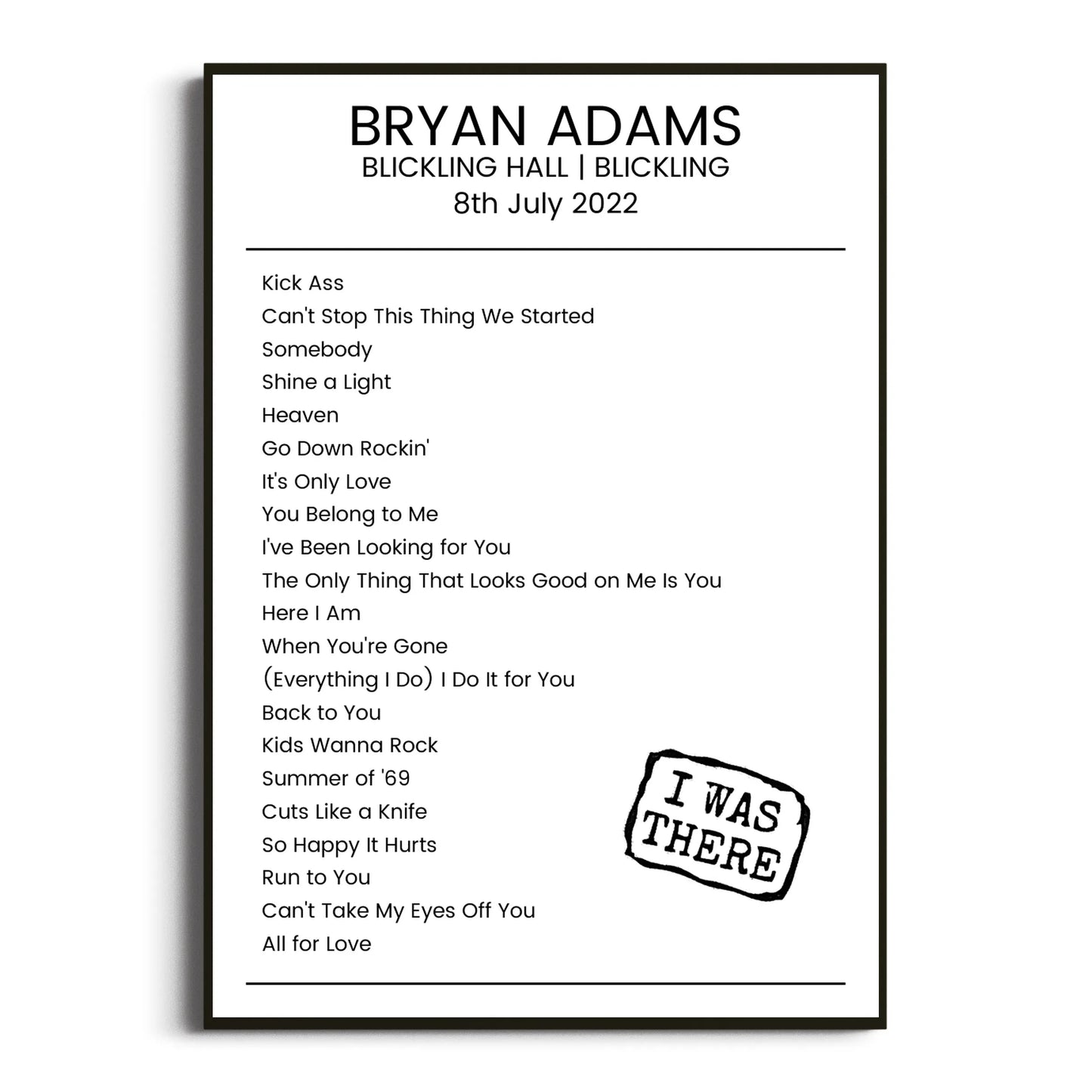 Bryan Adams Blickling 08 July 2022 Setlist Poster