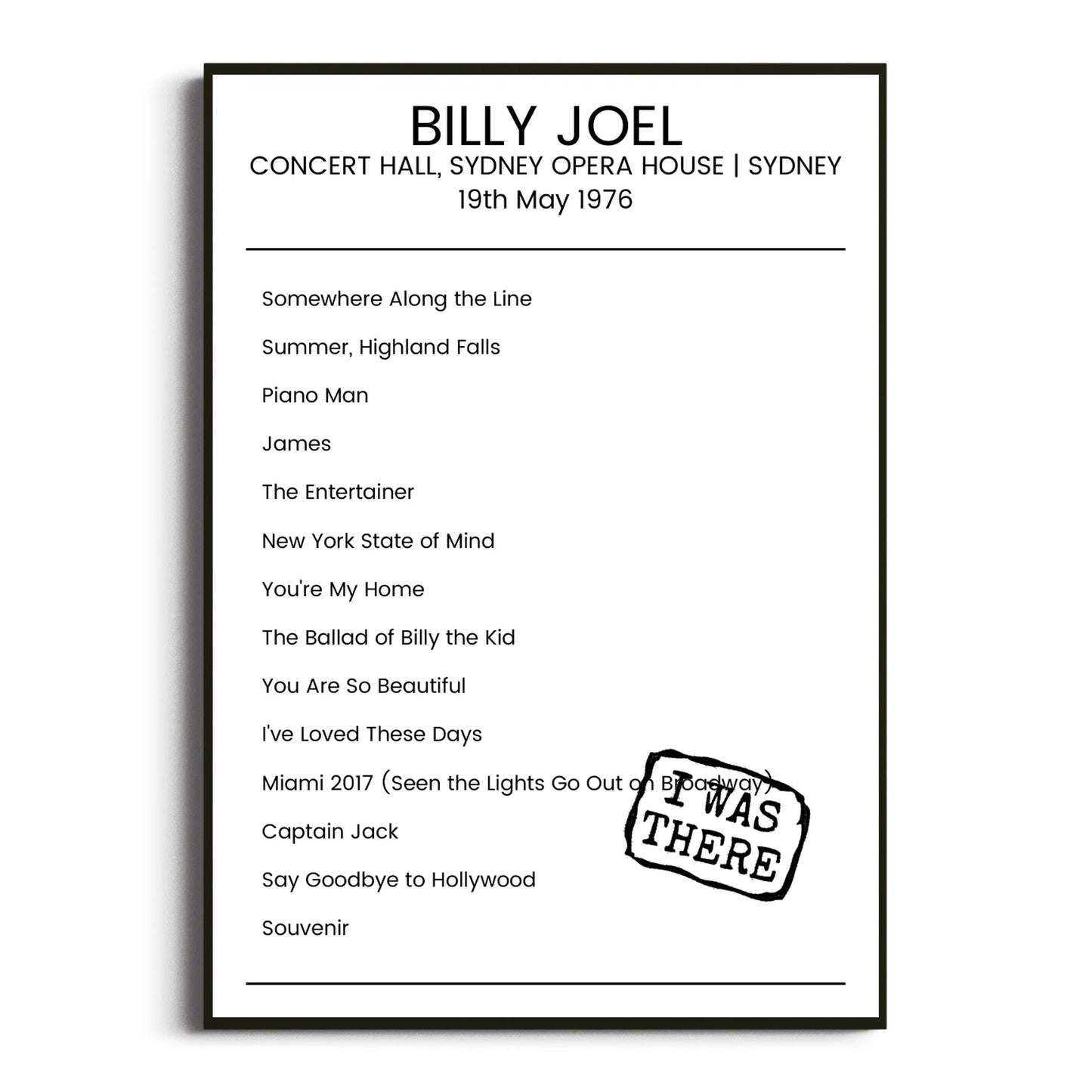 Billy Joel Sydney 19 May 1976 Setlist Poster