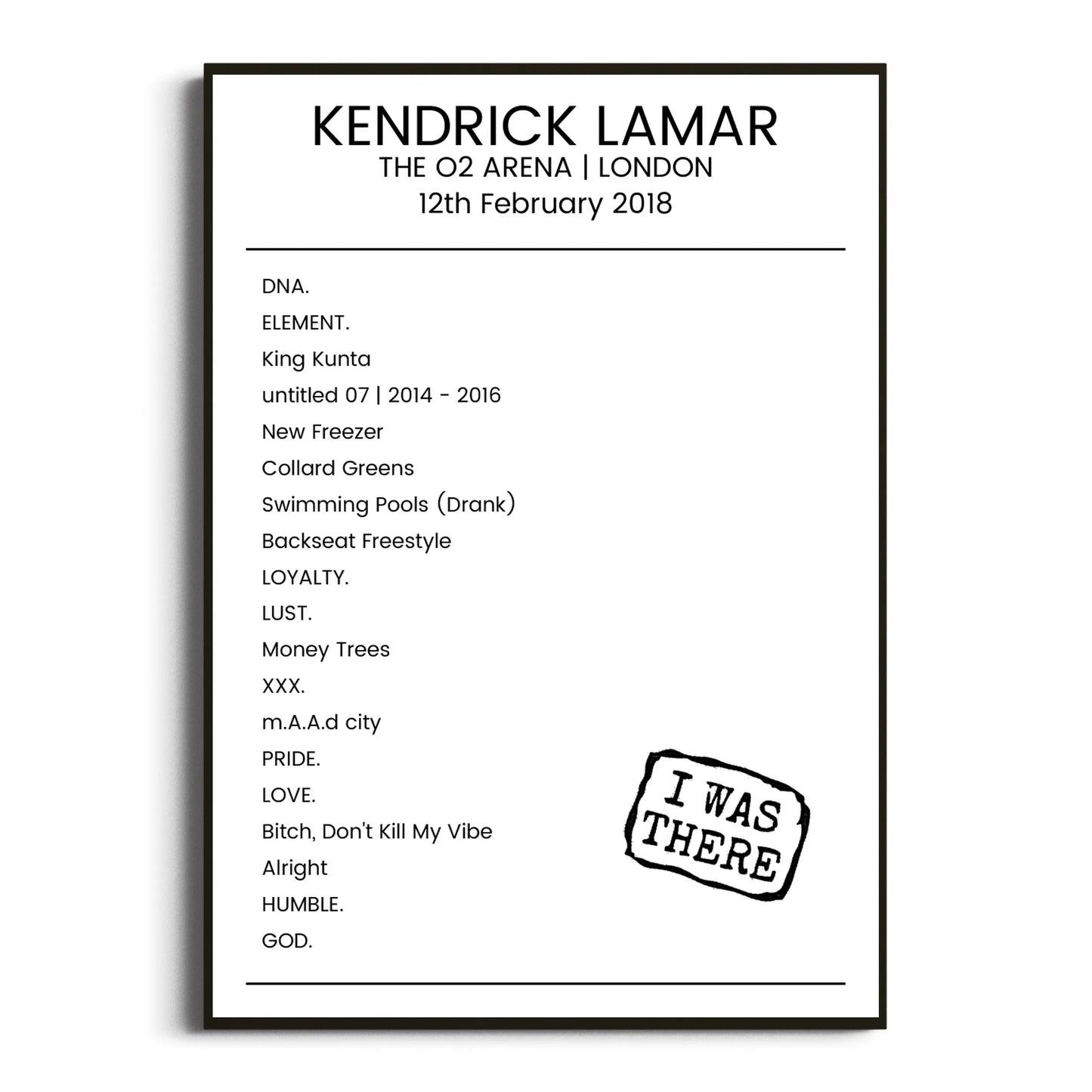 Kendrick Lamar London 12 February 2018 Setlist Poster