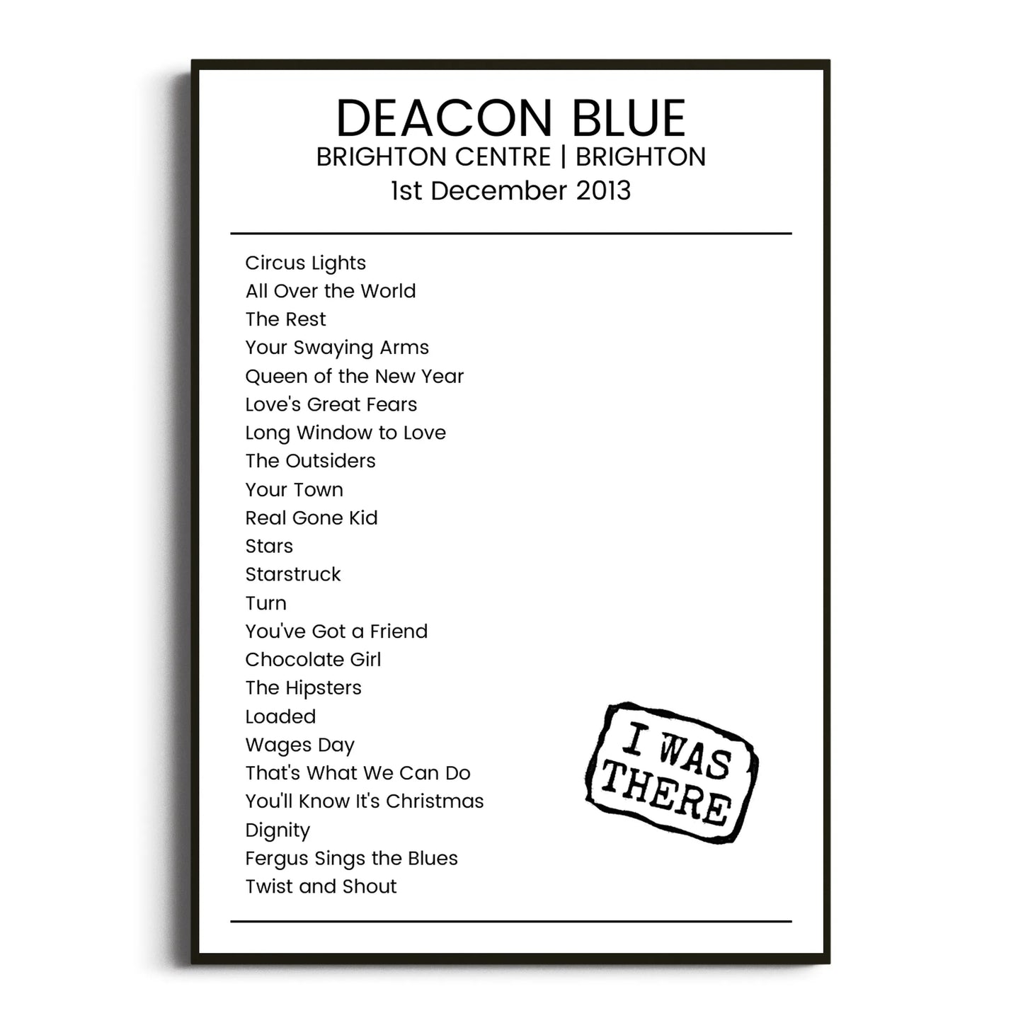 Deacon Blue Brighton 01 December 2013 Setlist Poster