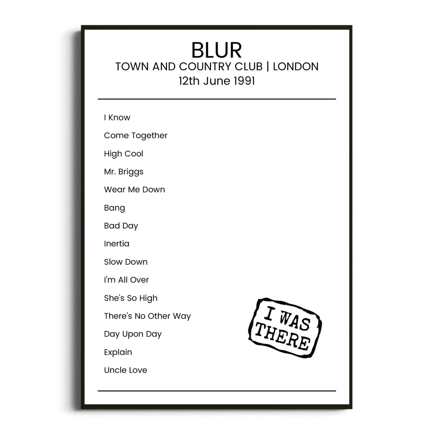 Blur London 12 June 1991 Setlist Poster