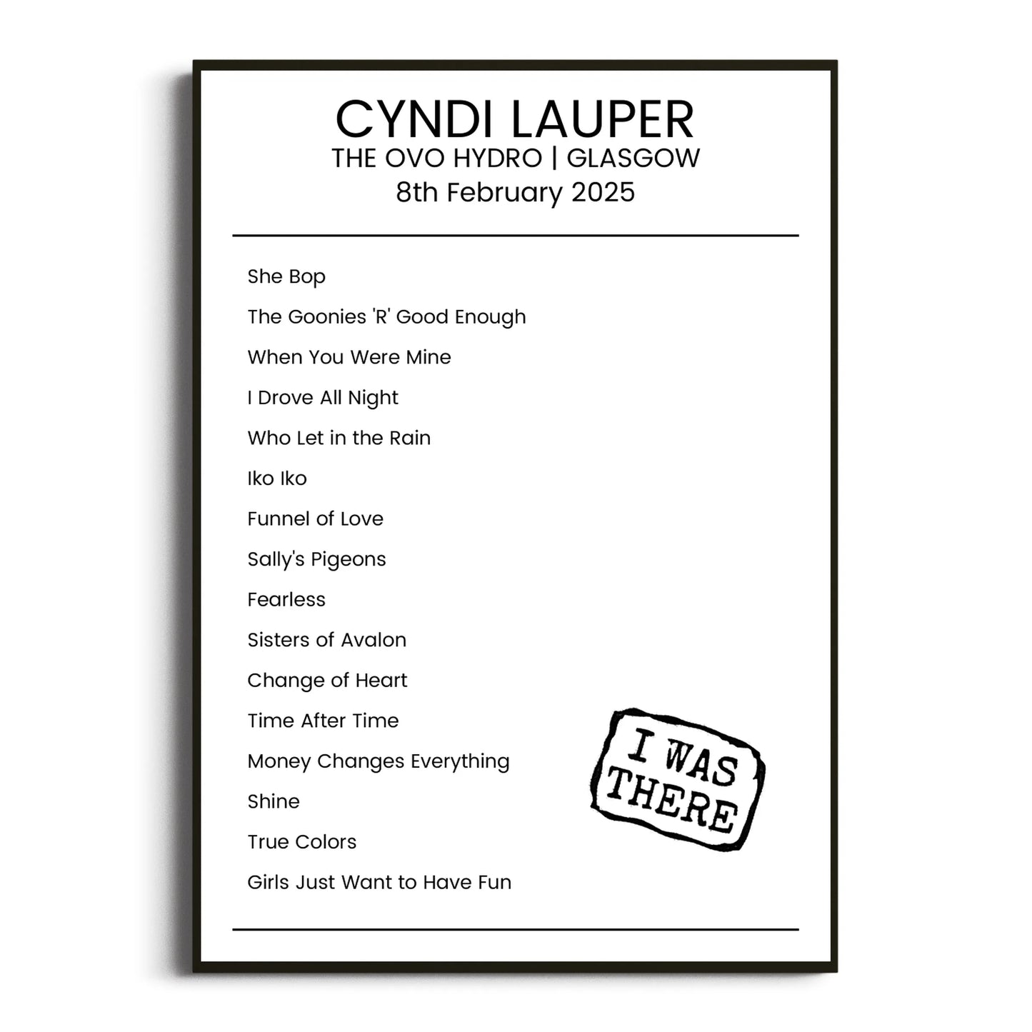 Cyndi Lauper Glasgow 08 February 2025 Setlist Poster