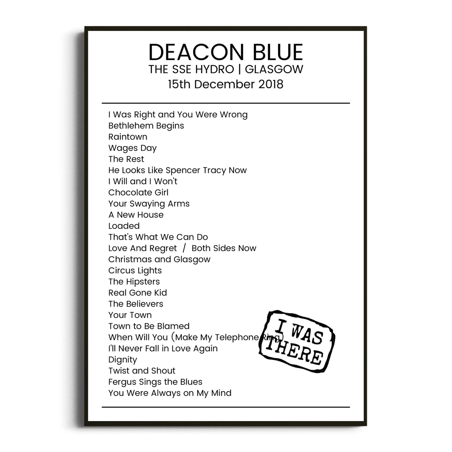 Deacon Blue Glasgow 15 December 2018 Setlist Poster