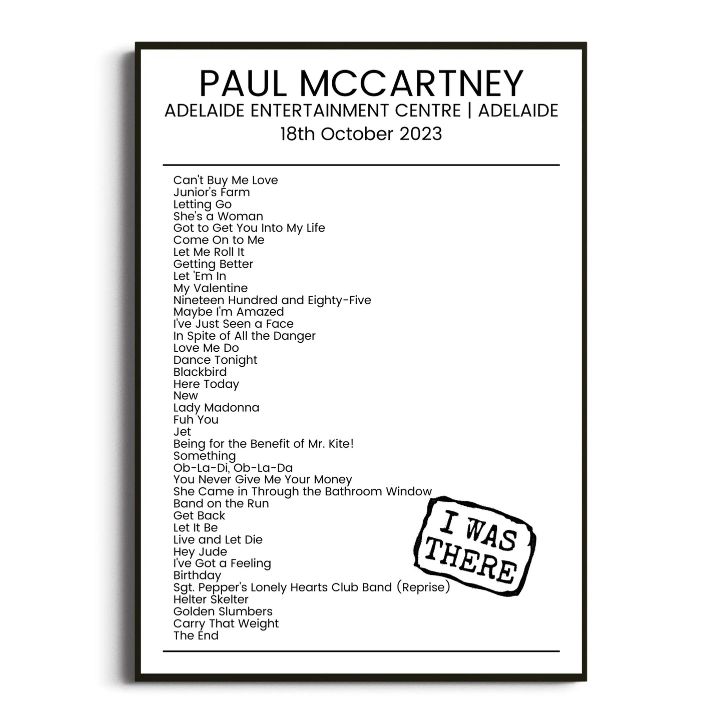 Paul McCartney Adelaide 18 October 2023 Setlist Poster