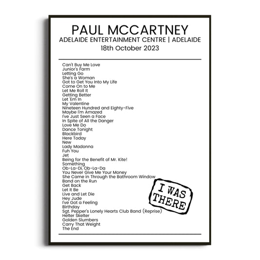 Paul McCartney Adelaide 18 October 2023 Setlist Poster