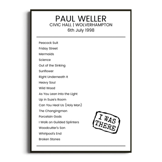 Paul Weller Wolverhampton 06 July 1998 Setlist Poster