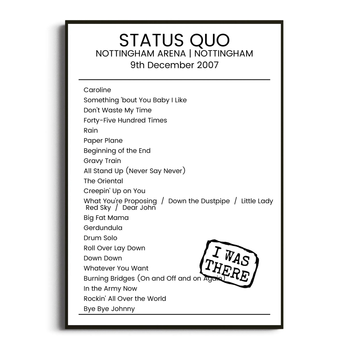 Status Quo Nottingham 09 December 2007 Setlist Poster