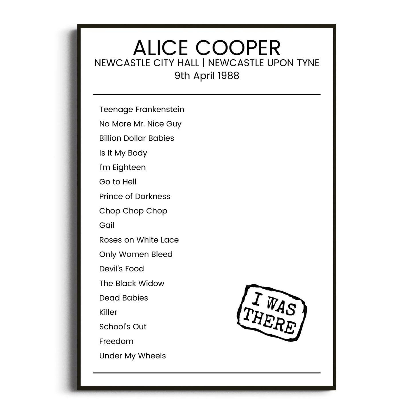 Alice Cooper Newcastle upon Tyne 09 April 1988 Setlist Poster