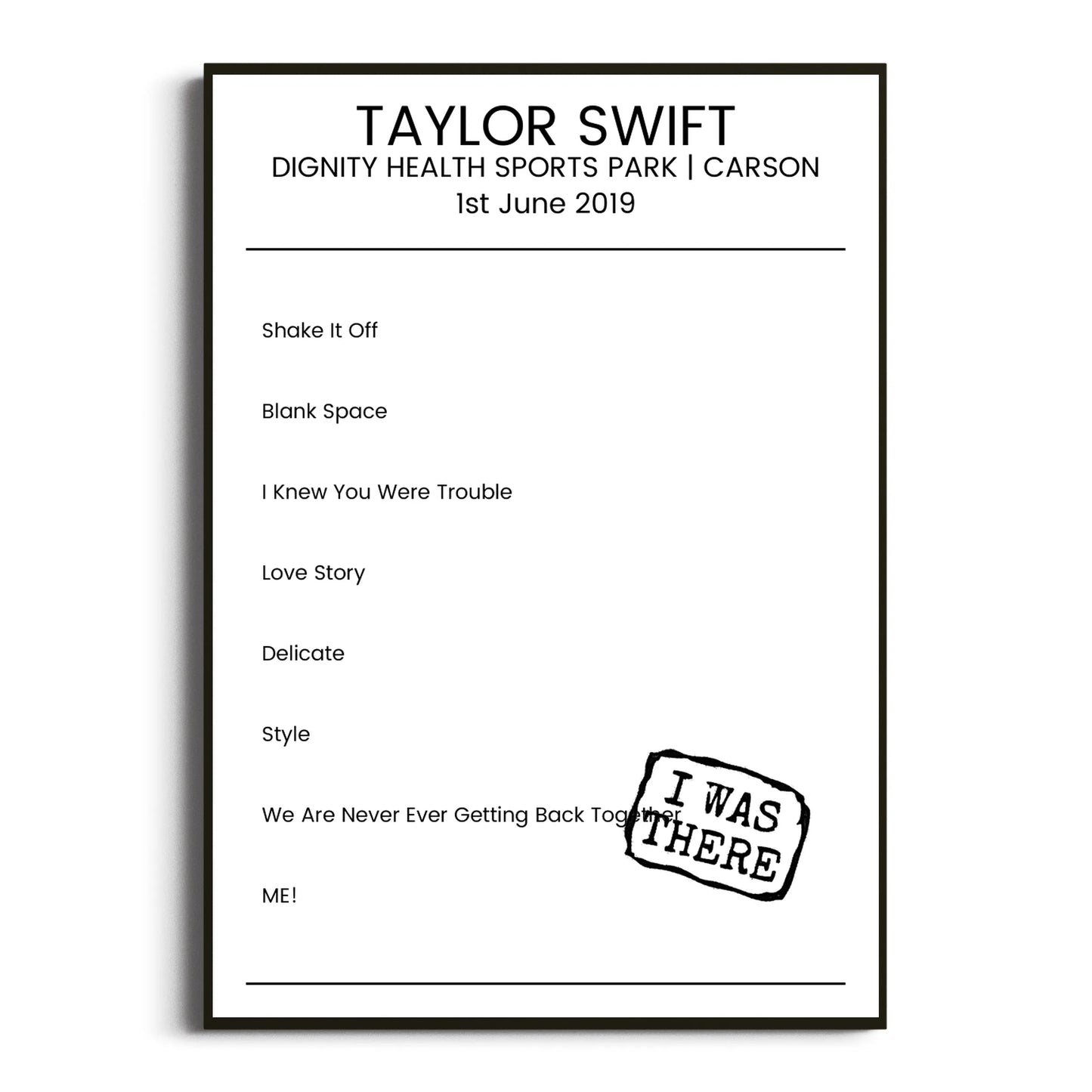 Taylor Swift Carson 01 June 2019 Setlist Poster