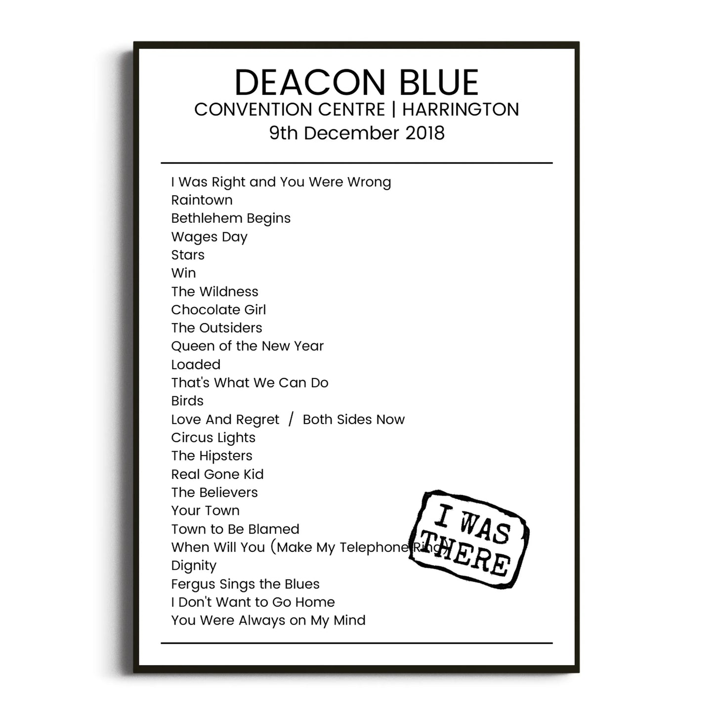 Deacon Blue Harrington 09 December 2018 Setlist Poster