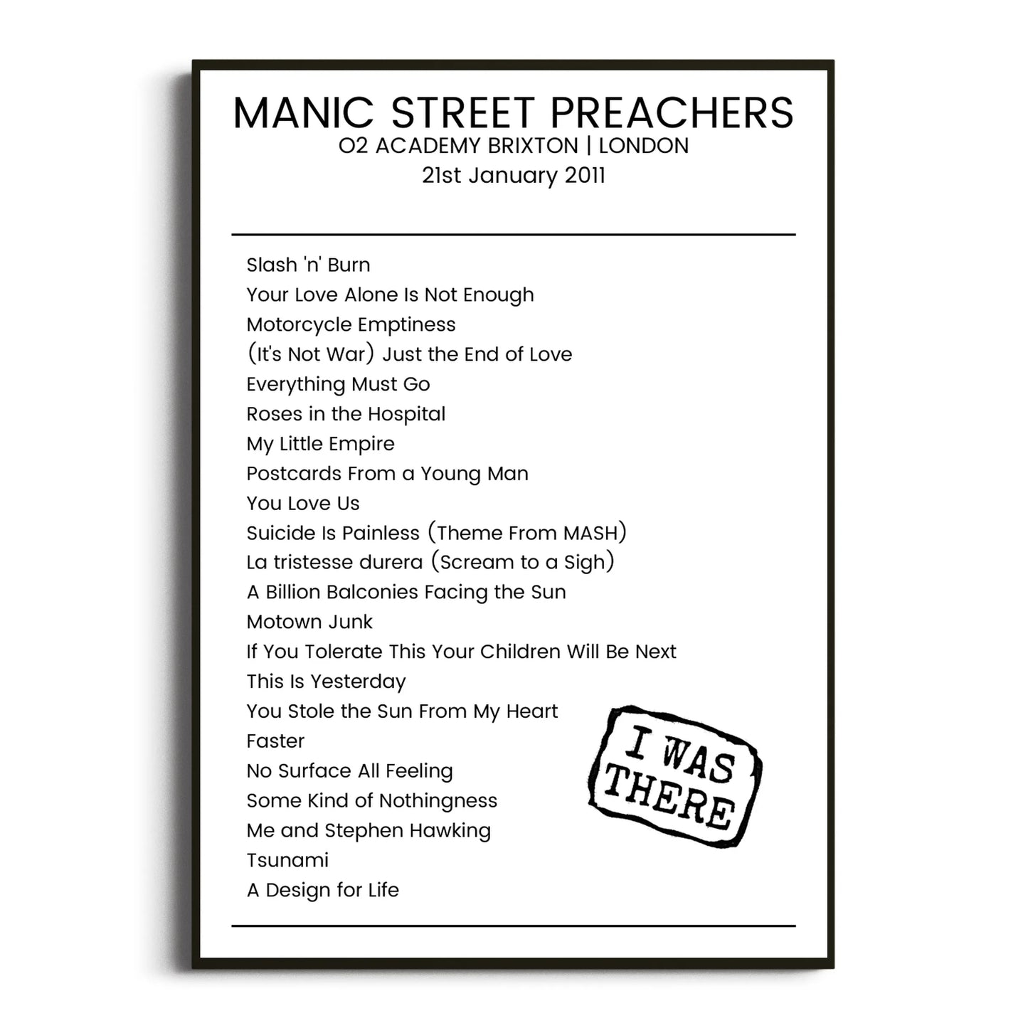 Manic Street Preachers London 21 January 2011 Setlist Poster