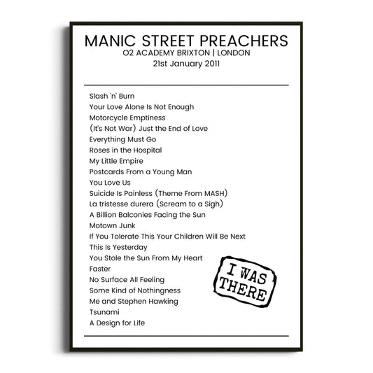 Manic Street Preachers London 21 January 2011 Setlist Poster