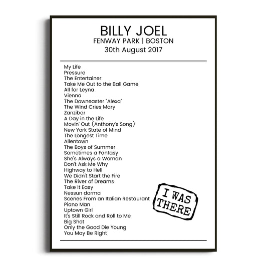 Billy Joel Boston 30 August 2017 Setlist Poster