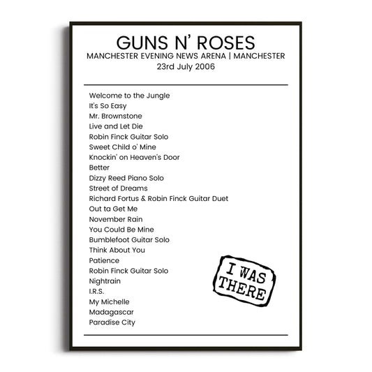 Guns N’ Roses Manchester 23 July 2006 Setlist Poster