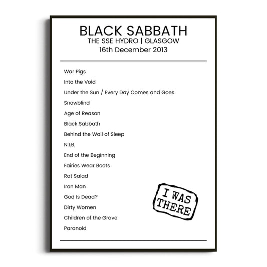 Black Sabbath Glasgow 16 December 2013 Setlist Poster