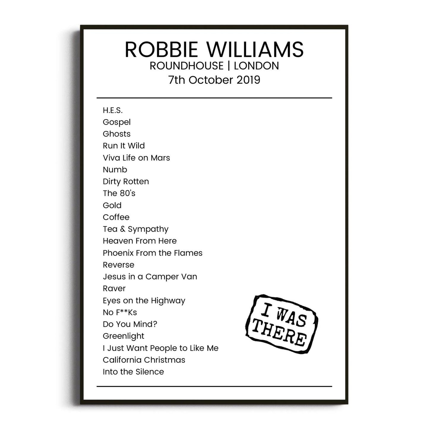 Robbie Williams London 07 October 2019 Setlist Poster