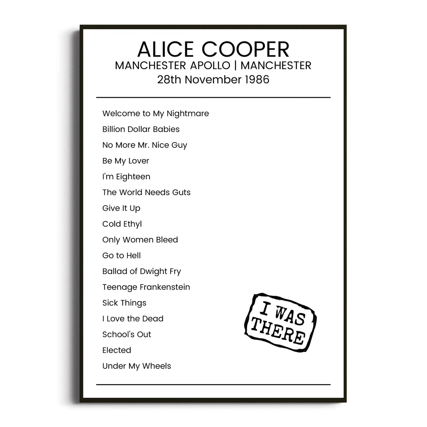 Alice Cooper Manchester 28 November 1986 Setlist Poster