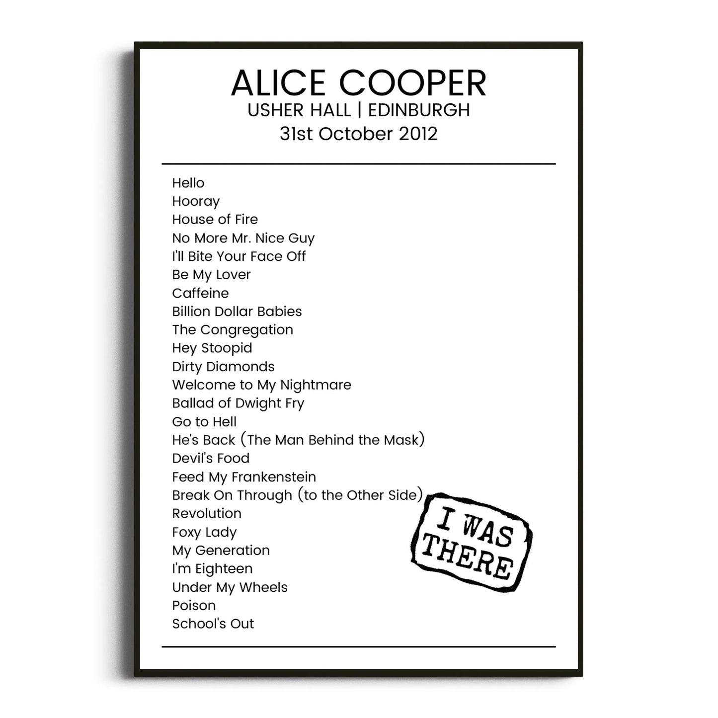 Alice Cooper Edinburgh 31 October 2012 Setlist Poster