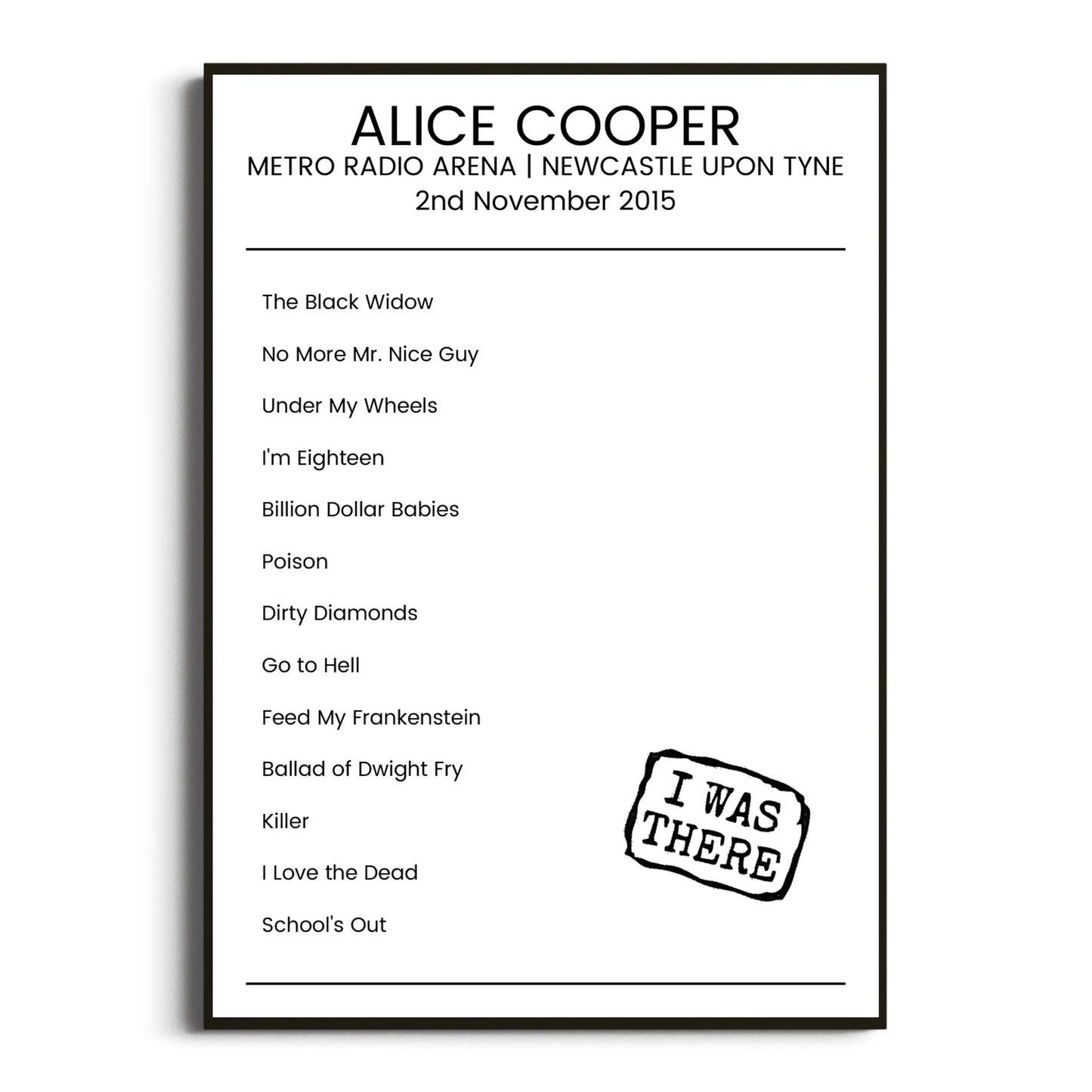 Alice Cooper Newcastle upon Tyne 02 November 2015 Setlist Poster