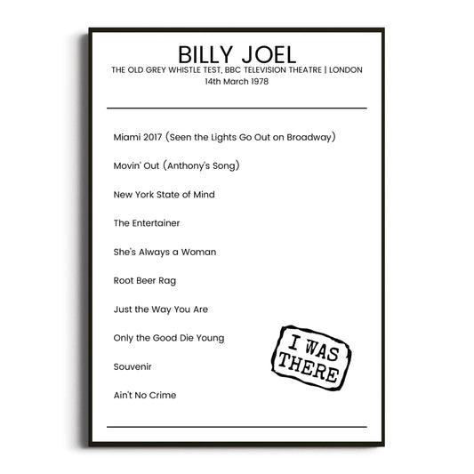 Billy Joel London 14 March 1978 Setlist Poster