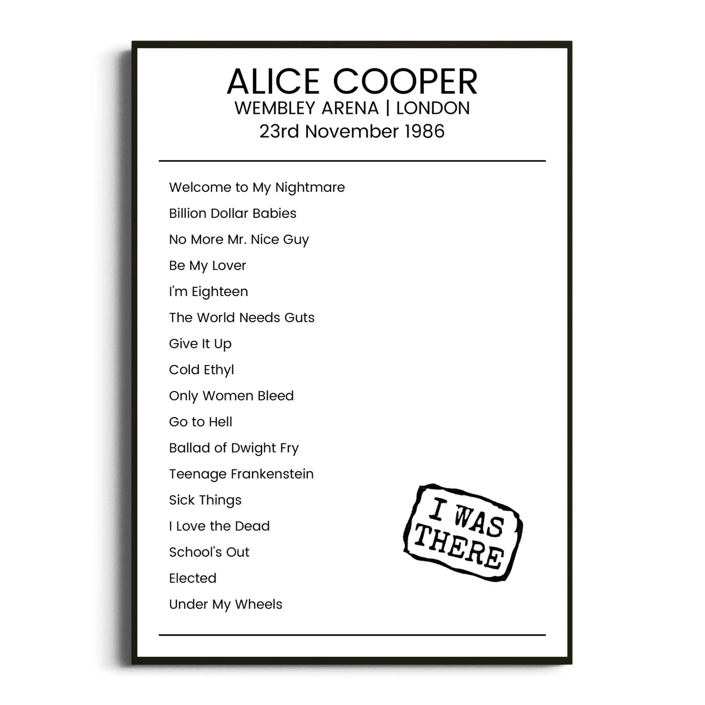 Alice Cooper London 23 November 1986 Setlist Poster