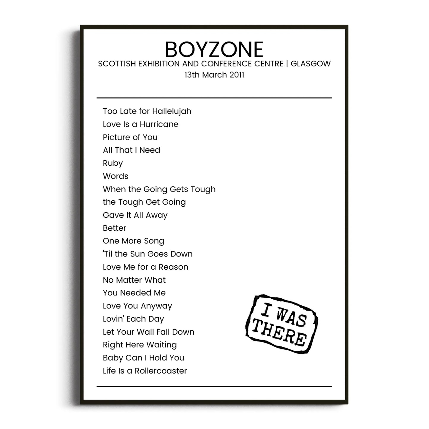 Boyzone Glasgow 13 March 2011 Setlist Poster