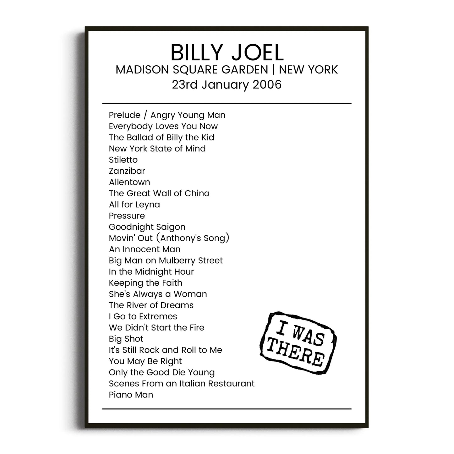 Billy Joel New York 23 January 2006 Setlist Poster