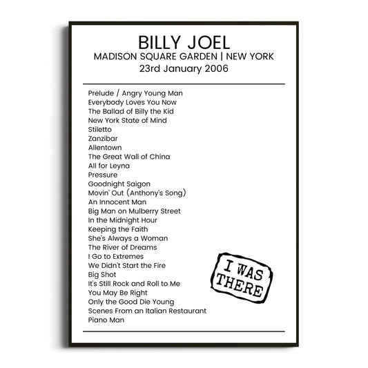 Billy Joel New York 23 January 2006 Setlist Poster