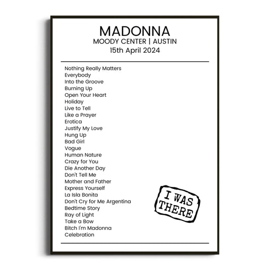 Madonna Austin 15 April 2024 Setlist Poster