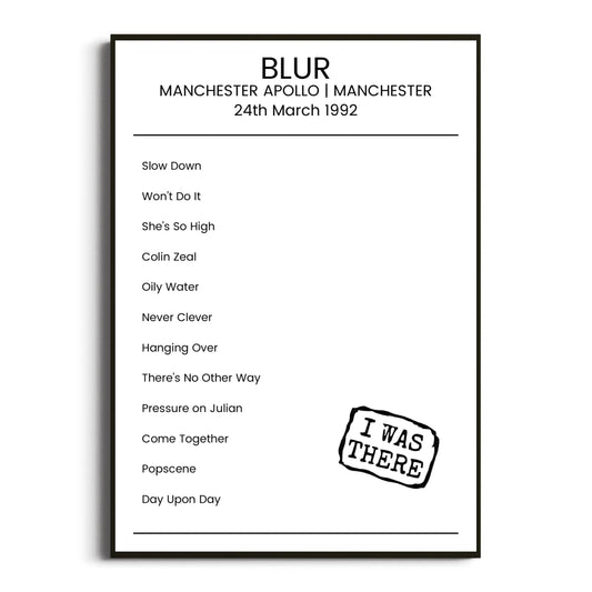 Blur Manchester 24 March 1992 Setlist Poster